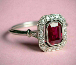 3Ct  Simulated Art Deco Red Emerald Ruby  Engagement Ring 14K White Gold Plated - £57.99 GBP