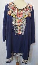 Solitare Womens Blouse Top Medium Blue Embroidered Floral V Neck Tunic Popover - £20.10 GBP
