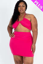 Plus Size Pink 2 pcs Sexy Solid Crisscross Halter Top &amp; Ruched Mini Skir... - £11.86 GBP