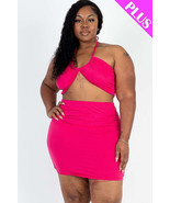 Plus Size Pink 2 pcs Sexy Solid Crisscross Halter Top &amp; Ruched Mini Skir... - $15.00