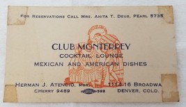 Advertising Card Club Monterrey Cocktail Lounge Broadway Denver Colorado... - £15.11 GBP