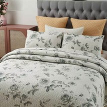 Queen size Boho Floral Botanical Flowers Beige Grey Reversible Quilt Set - $90.39