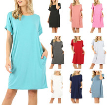 Womens Rolled Short Sleeve Shirt Loose Knit Tunic Dress with Pockets - £14.66 GBP+