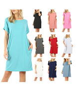 Womens Rolled Short Sleeve Shirt Loose Knit Tunic Dress with Pockets - $25.74 CAD+