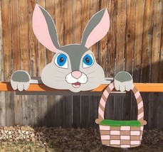 Jumbo Bunny w/ Basket Rabbit Fence Peeker Garden Yard Art Decoration - £169.78 GBP