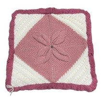 Crochet Handmade Pink Flower Throw Pillow Cover Boho Cottage Granny Core 17&quot; VTG - £24.36 GBP