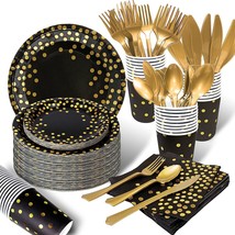 175Pcs Black And Gold Party Supplies, Severs 25 Disposable Party Dinnerware, Gol - £33.57 GBP