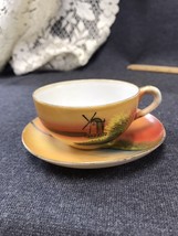 Hand painted tea cup saucer Japan Sunset Windmill Orange Small - £3.95 GBP