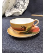 Hand painted tea cup saucer Japan Sunset Windmill Orange Small - $4.95