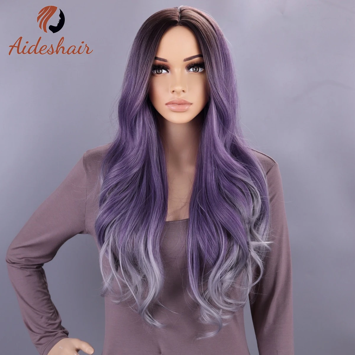 Long Wavy Middle Part Wig Purple Natural Wigs for Women Heat Resistant Omb - £17.93 GBP+
