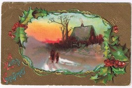 Holiday Postcard Embossed Merry Christmas Sunset Home Mistletoe - £2.32 GBP