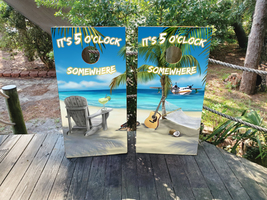 Waterproof Cornhole Wraps / It&#39;s 5 O&#39;clock Somewhere Beach Design / Lami... - $85.00
