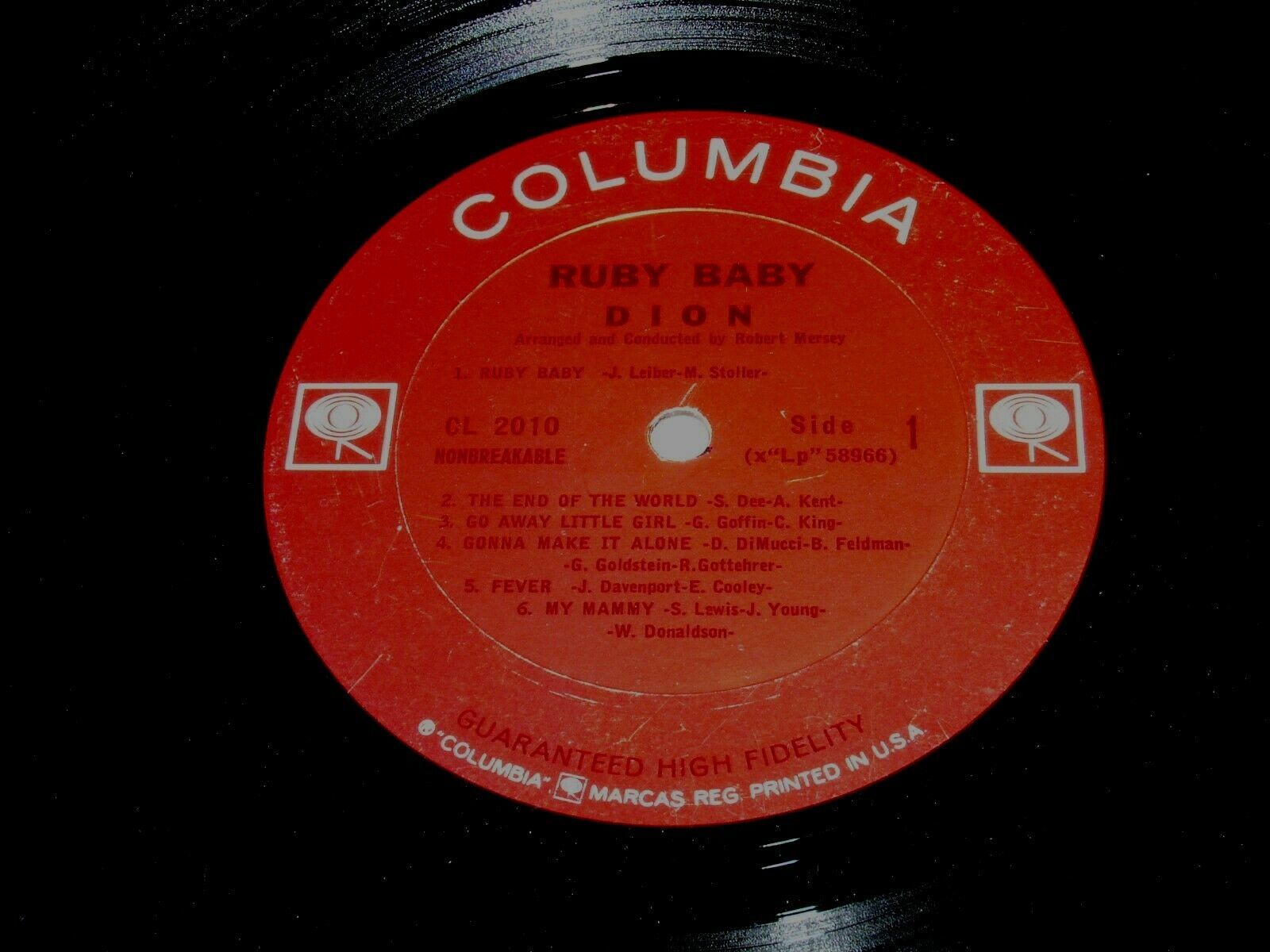 Ruby Record Label Dion Ruby Baby Record Album Vinyl LP Columbia Label MONO - Vinyl Records