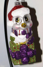 Rare Radko Celebrations Xmas Ornament Cute Snowy Owl w/Purple Scarf Present bow - £32.12 GBP