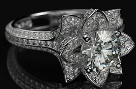 Round Cut 3.10Ct Diamond Floral Lotus Engagement Ring 14k White Gold in Size 8.5 - £222.34 GBP