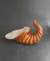 Vintage Atlantic Mold Ceramic Cornucopia Horn of Plenty 9&quot; Orange Brown Fall - £14.05 GBP