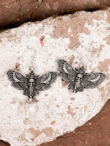Halloween Earrings Gothic Death&#39;s Head Moth Skull Jewelry Dangle Antiqued Silver - £11.86 GBP