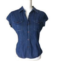 New York &amp; Co Womens Denim Form Fitting Top Size M Cap Sleeves Button Front - £17.95 GBP
