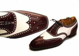 Two Tone Leather Handmade Wingtip and Brogue Lace up Dress Leather Shoes - £129.08 GBP+