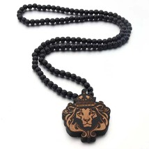 Men&#39;s Large Lion Wood Pendant Punk Hip Hop Necklace 8mm/35&quot;Wooden Bead Chain - £10.84 GBP