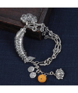 Sterling Silver Curved Fish Chain Bracelet With Ruyi Lock Charm,Gift For... - £104.68 GBP