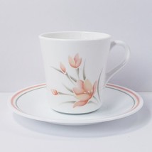 Corelle Corning Peach Floral Cup &amp; Saucer White Peach Green - £16.48 GBP