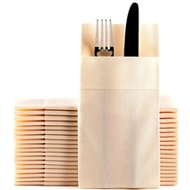 Ivory Dinner Napkins Cloth Like With Built-In Flatware Pocket, Linen-Fee... - £39.22 GBP