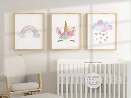 Floral Unicorn Nursery Wall Art Set, Rainbow Unicorn Cloud Printable | D... - $9.00