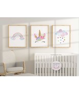 Floral Unicorn Nursery Wall Art Set, Rainbow Unicorn Cloud Printable | D... - £7.07 GBP
