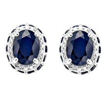 4.10Ct Oval Simulated Sapphire &amp; White Topaz Halo Stud Earrings Sterling Silver - £51.34 GBP