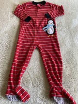 Carters Boys Red Gray Striped Penguin Fleece Long Sleeve Pajamas 3T - $7.35