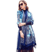 Anyyou 100% Merino Wool Navy Blue  Silk Satin Large Winter Scarf Pashmina Shawl  - £68.04 GBP