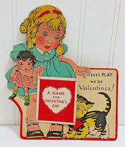 Antique USA Die Cut Valentine Card Vtg Play A Game Girl Cat Cinderella Prince US - £29.97 GBP