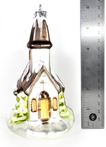 Silver &amp; White Church w/ Steeple Glass Christmas Ornament w/ Glitter Snow - £6.74 GBP