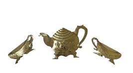 Home Interiors Brass Metal Teapot &amp; Teacups Wall Hanging Set Of Three Vintage - £20.20 GBP