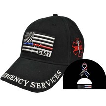 CP01715 Black E.M.T. Flag w/ Red &amp; Blue Heartbeat Logo Embroidered Cap - $13.31