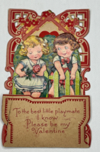 Antique German Die Cut Pop Up Valentines Day Card Boy And Girl At Fence - £10.32 GBP
