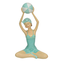 Retro Bathing Beauty Beach Girl With Ball Sage Green Polka Dot Swimsuit Figurine - £35.59 GBP