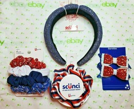 Scunci Scrunchies Patriotic Set Blue Sparkle Headband Glitter Bow Barrettes - £14.22 GBP