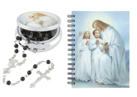 Boy&#39;s First Communion Rosary with Rosary Case, Matching Notebook, &amp; Tie ... - £15.97 GBP