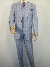 Men Apollo King 3pc Suit Window Pane Plaid 100% Soft Wool Super 150 #985-12 Blue - £119.61 GBP