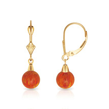 6 mm Ball Shaped Orange Fire Opal Leverback Dangle Earrings 14K Yellow Gold - £73.93 GBP