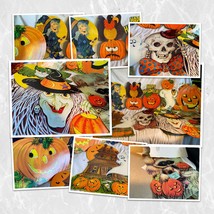 Vintage 10 Halloween Cardboard Diecut Decorations Witch Pumpkin Raccoon Skull ++ - £63.44 GBP