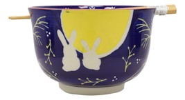 2 Bunny Rabbits And Full Moon Ramen Noodles Soup Large 6&quot;D Bowl With Chopsticks - £17.57 GBP