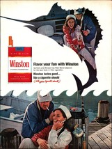1967 Winston Cigarettes Vintage Print Ad 13.5&quot;x10&quot; swordfish fishing wom... - $25.98