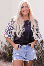 Black Ruffle Bell Sleeve Leopard Floral Patchwork Top - $23.99