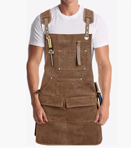 WAXED CANVAS TOOL APRON | Multi-Pockets, Adjustable Cross-back, Brown | ... - £27.69 GBP