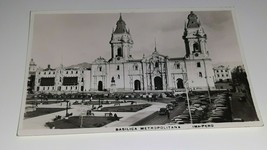 RPPC Metropolitan Basilica  LIMA PERU Postcard 1930s Plaza Trolley Cars - £3.88 GBP