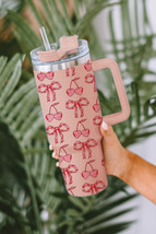 Apricot Pink Cherry Bowknot Stylish Large Tumbler with Handle 40oz - $530.16 MXN