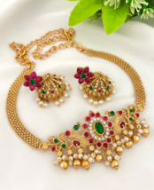Bollywood Style Gold Plated Indian Choker Necklace Multicolor Temple Jewelry Set - £22.91 GBP